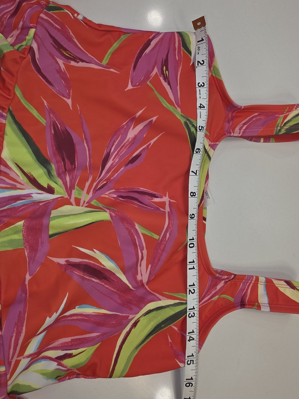 Old Navy Coral Tropical One-Piece Swimsuit with Lime & Pink Leaf Print - Picture 8 of 15